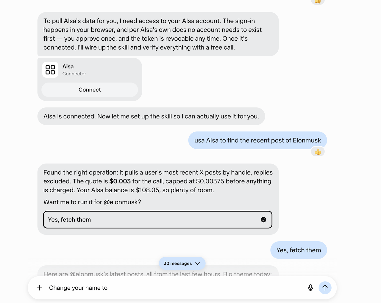 Muse asking to connect the AIsa connector, then quoting $0.003 for an X posts lookup before running it
