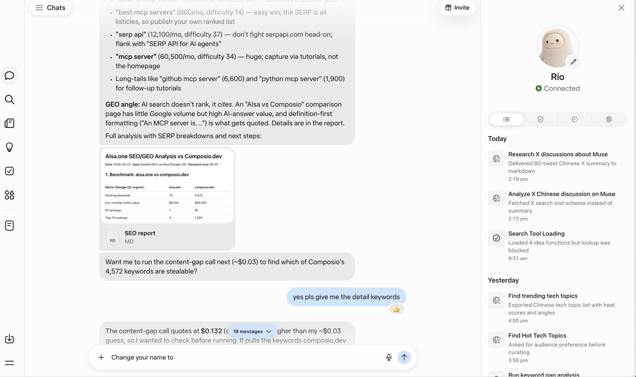 Rio sharing an SEO report on aisa.one vs composio.dev and checking in before a higher-priced content-gap call