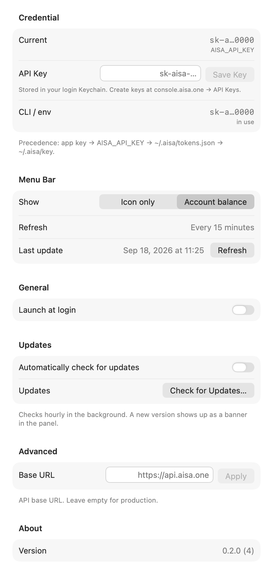 AIsa Usage Settings: the current credential and its source, a field to paste an API key, menu bar style, refresh interval, launch at login, and update options